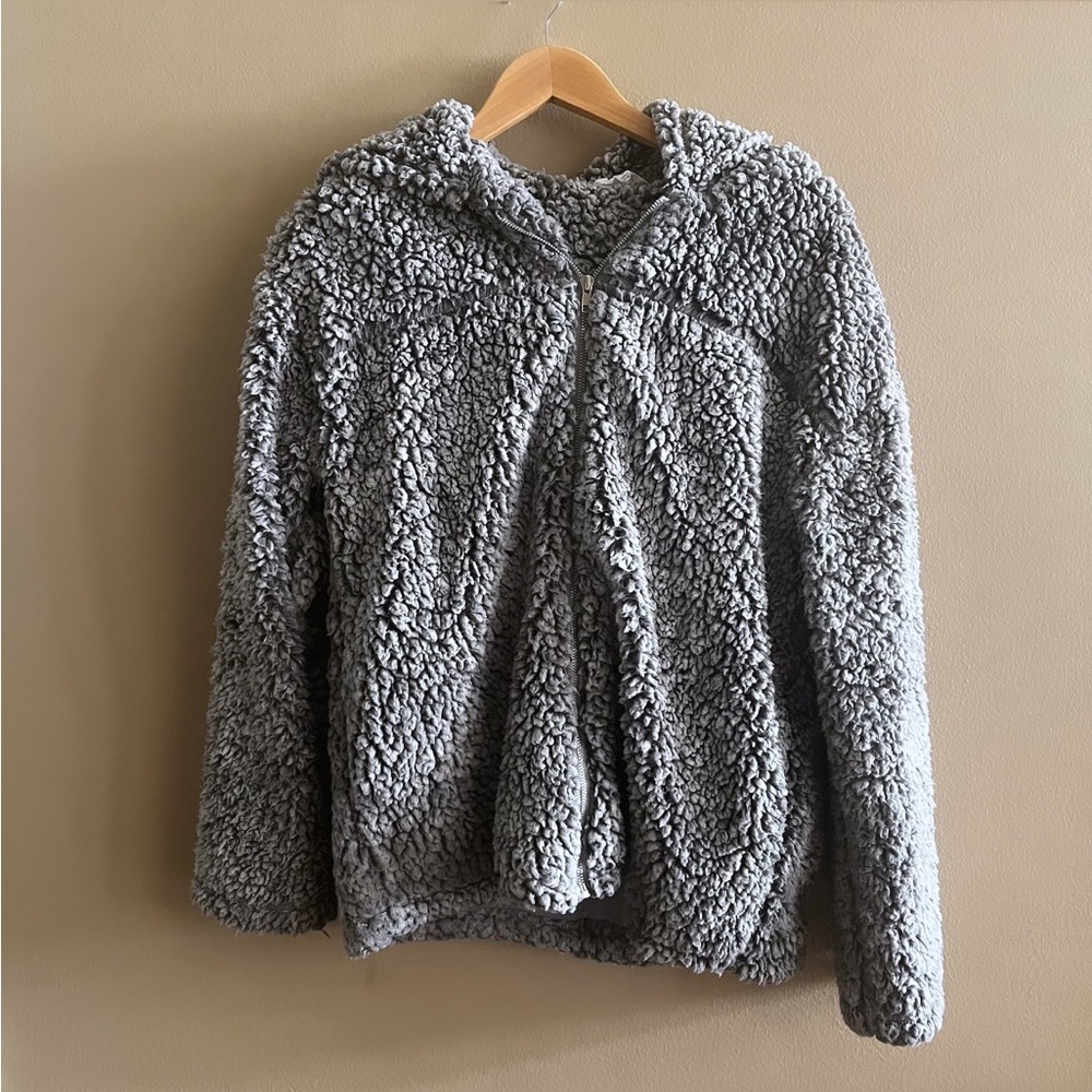 Gray Faux Shearling Zip Up Hoodie Jacket